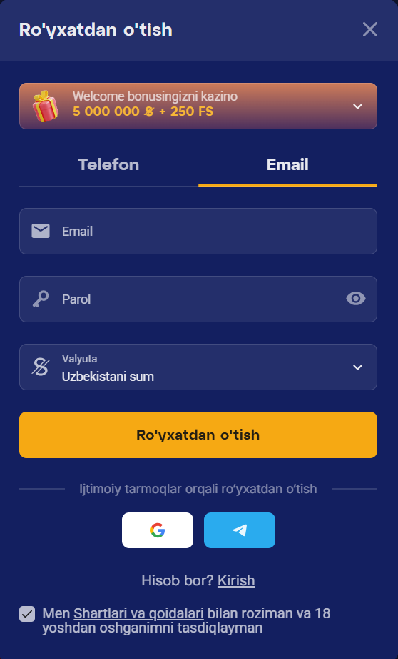 Ro'yxatdan o'tish email