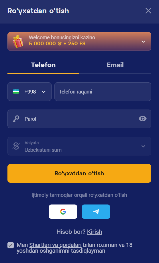 Ro'yxatdan o'tish mobile telephone