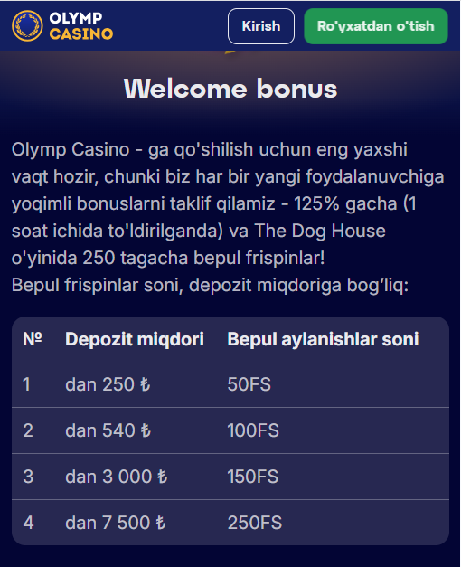 Welcome bonus Olymp Casino UZ